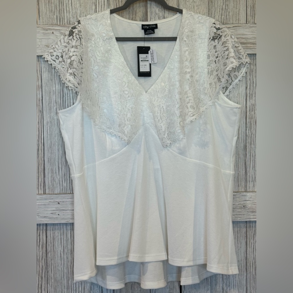 City Chic White Lace Accent hi/low Blouse NWT